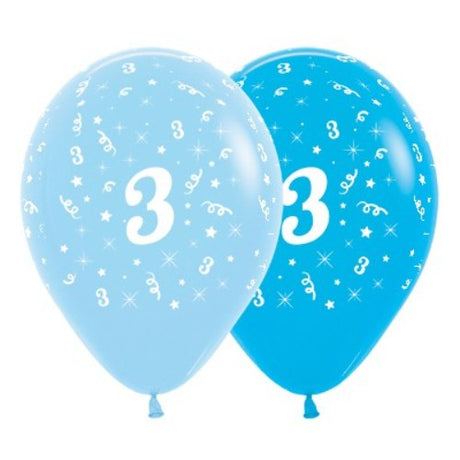 Blue latex balloons featuring a stylish '3' design, perfect for celebrating age 3 birthdays—pack of 6, each 30cm.