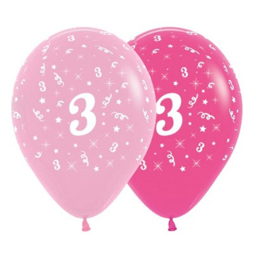 Pack of 6 pink balloons featuring a cheerful '3', perfect for a child's third birthday celebration.