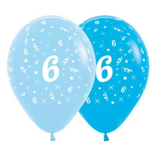 Bright blue latex balloons featuring the number 6, perfect for 6th birthday celebrations, pack of 6, 30cm size.