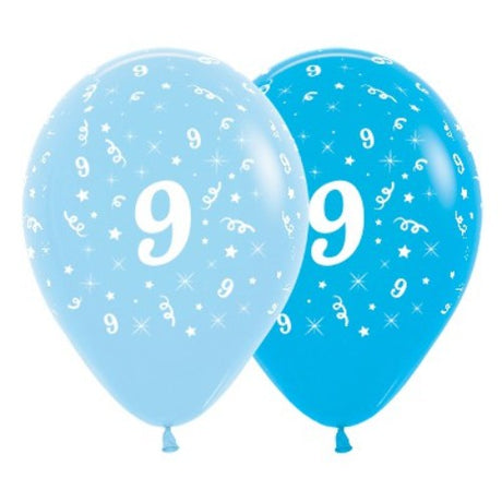 Pack of 6 vibrant blue latex balloons featuring the number 9, perfect for celebrating a child's 9th birthday.