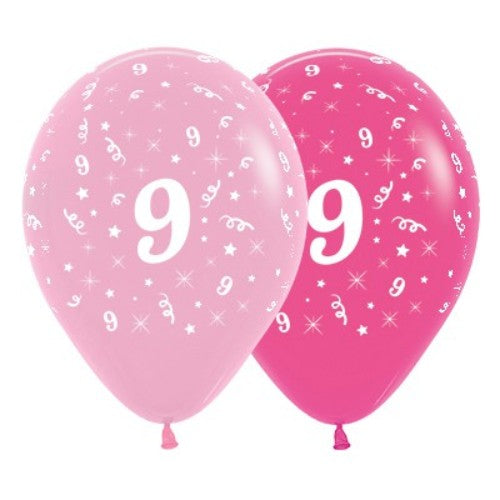 Pack of 6 vibrant pink latex balloons featuring a bold '9' design, perfect for celebrating a child's 9th birthday.