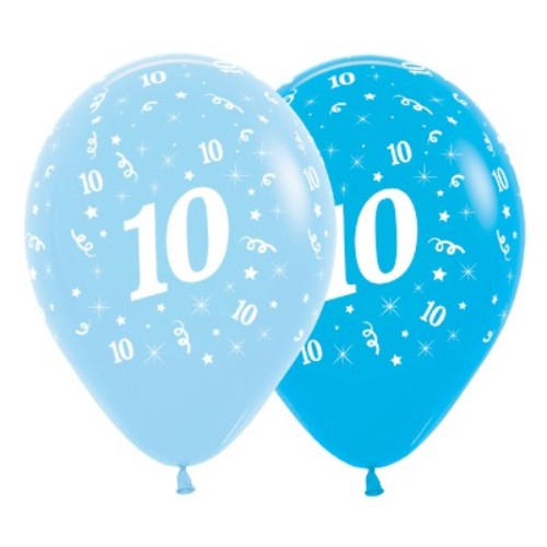 Vibrant blue latex balloons with bold '10' print, perfect for celebrating a child's 10th birthday, pack of 6.