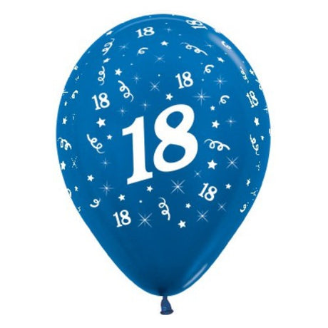 Pack of 6 blue metallic balloons celebrating age 18, perfect for birthday parties and special occasions.