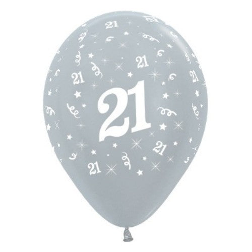 Pack of 6 silver metallic balloons celebrating age 21, perfect for elegant birthday parties and decorations.