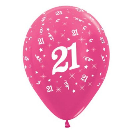 Fuchsia metallic balloons featuring "Age 21" for vibrant birthday celebrations, pack of 6, 30cm latex.