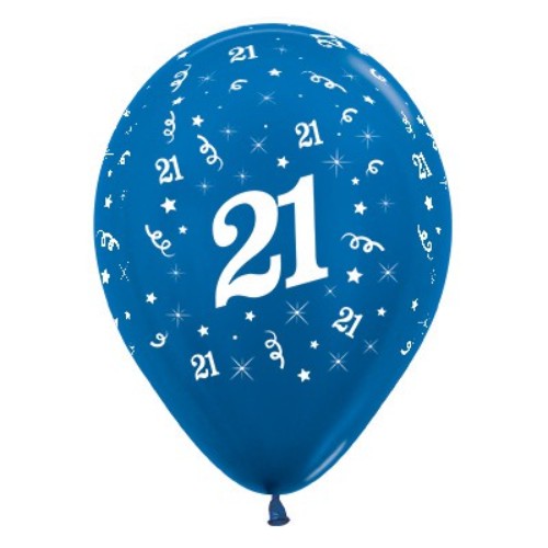 Blue metallic balloons featuring the number 21, perfect for celebrating 21st birthdays, pack of 6, 30cm size.