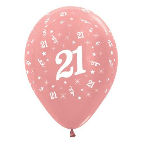 Pack of 6 rose gold metallic balloons featuring "21" for stylish birthday celebrations. Each measures 30cm.