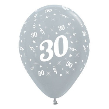 Six silver metallic balloons celebrating Age 30, perfect for elegant birthday decorations and events, 30cm size.