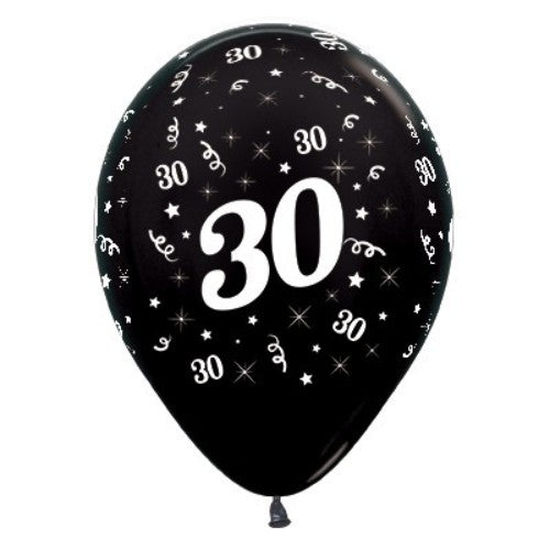 Black metallic balloons with "30" for elegant 30th birthday celebrations, pack of 6, suitable for air or helium.