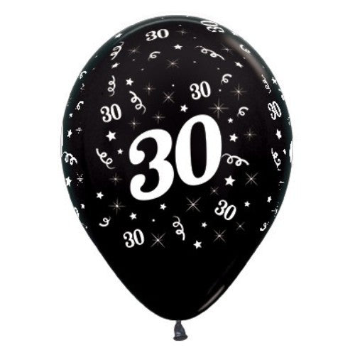 Balloons Age 30 Black Metallic  - Pack of 6