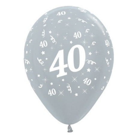 Pack of 6 silver metallic balloons featuring bold '40', perfect for stylish 40th birthday celebrations.