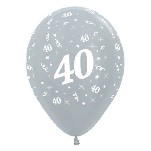 Pack of 6 silver metallic balloons featuring bold '40', perfect for stylish 40th birthday celebrations.