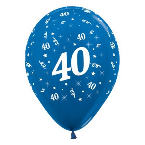 Six vibrant blue metallic latex balloons featuring '40' for a stunning 40th birthday celebration.