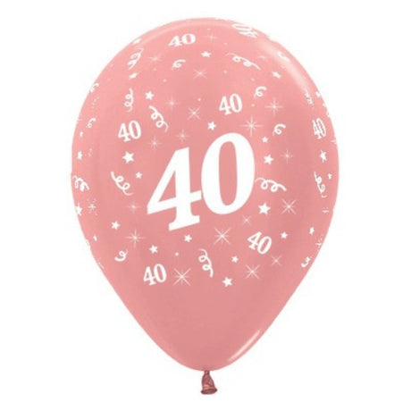 Pack of 6 rose gold metallic balloons celebrating Age 40, ideal for elegant birthday decorations and party décor.