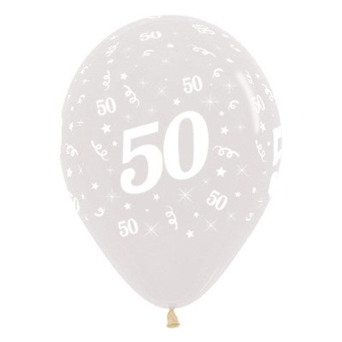 Balloons featuring "Age 50" design in crystal clear latex, perfect for elegant 50th birthday celebrations, pack of 6.