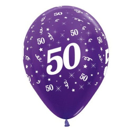 Purple violet metallic balloons celebrating age 50, pack of 6, perfect for stylish birthday decorations.