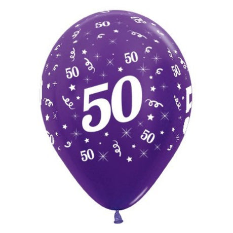 Purple violet metallic balloons celebrating age 50, pack of 6, perfect for stylish birthday decorations.