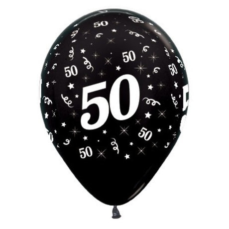 Black metallic balloons featuring the age 50, perfect for elegant 50th birthday celebrations, pack of 6, each 30cm.