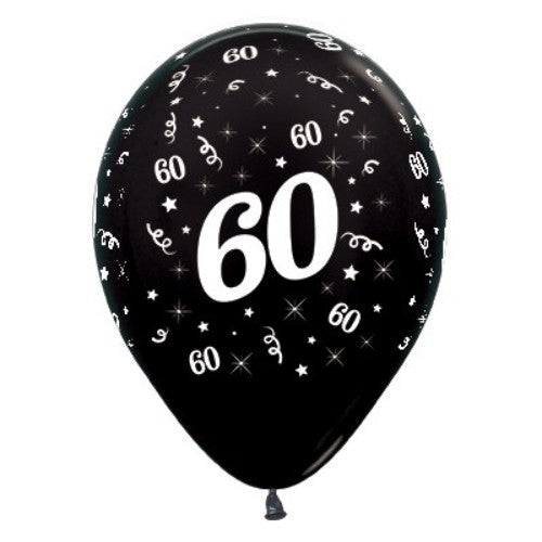 Pack of 6 elegant black metallic balloons celebrating Age 60, perfect for stylish birthday parties and gatherings.