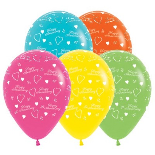 Brightly colored 30cm tropical latex balloons in an assortment, perfect for anniversaries and festive celebrations. Pack of 25.