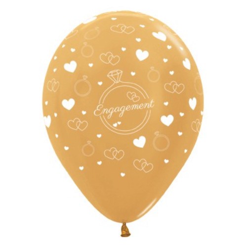 Elegant 30cm gold metallic latex balloons with diamond and heart designs, perfect for engagement celebrations. Pack of 6.