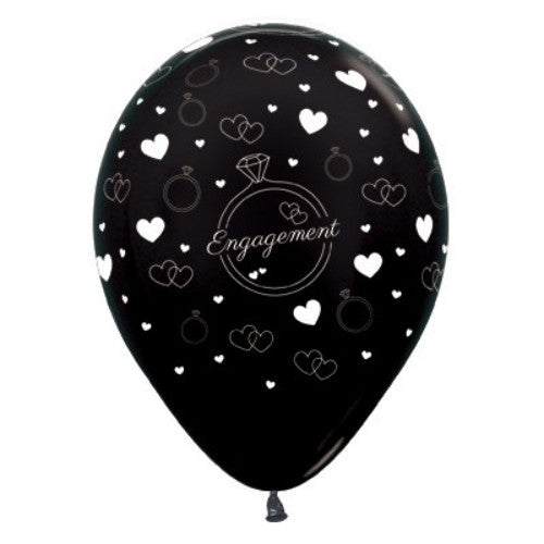 30cm black metallic latex balloons with diamond rings and hearts, perfect for engagement celebrations, pack of 6.