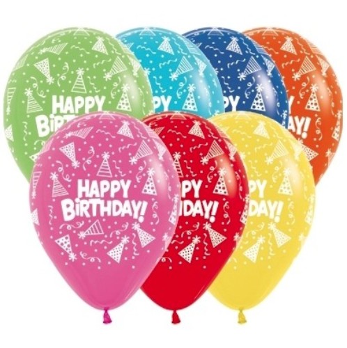 Colorful 30cm latex balloons with happy birthday designs, perfect for festive party decor in a pack of 12.