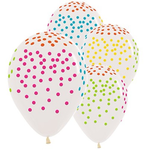 Colorful confetti-filled clear latex balloons, perfect for vibrant party decorations, pack of 12, 30cm size.