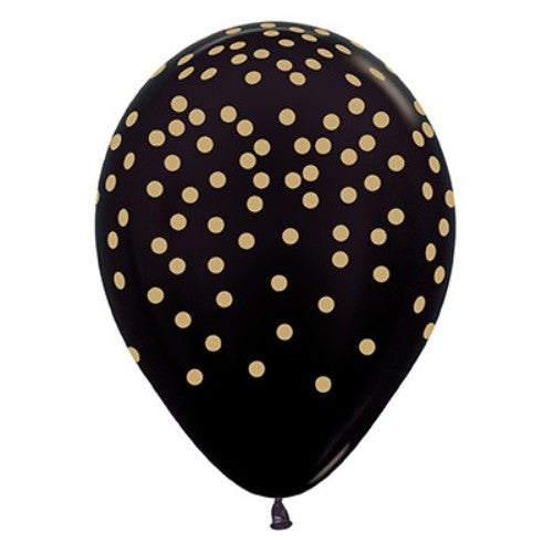 30cm pack of 12 metallic black balloons featuring gold confetti, ideal for elegant celebrations and festive events.