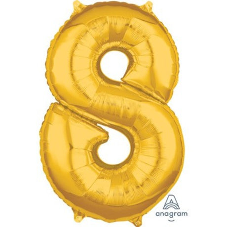 Gold foil Shape Number Eight balloon, 66cm, versatile for air or helium, perfect for celebrations and events.