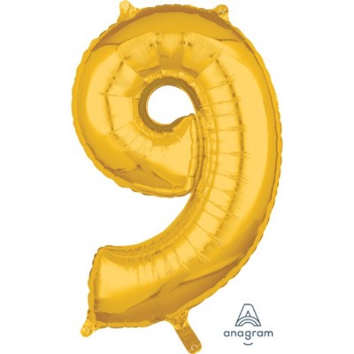 Gold 66cm mid-sized foil balloon shaped like the number nine, perfect for celebrations and easy to inflate with air or helium.