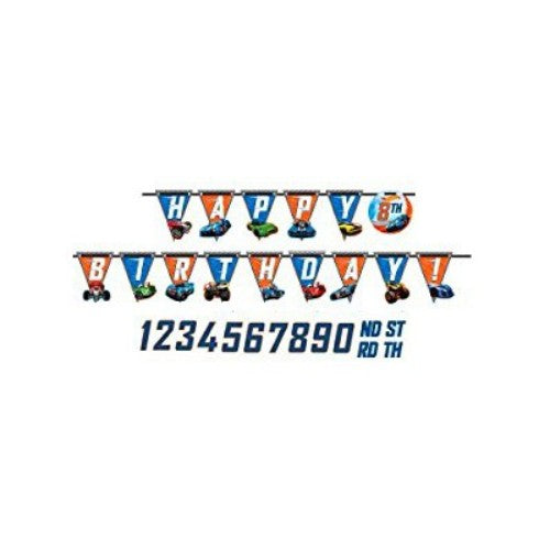 Colorful Hot Wheels pennant banner for birthdays, featuring numbers and suffixes for personalized age celebrations.