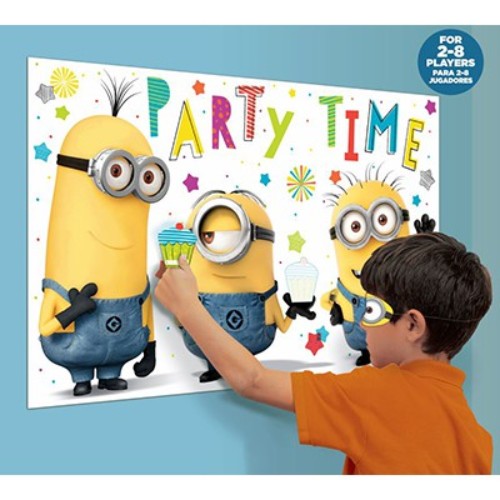 Colorful Despicable Me Minion Made Party Game set with poster, stickers, and blindfold for fun-filled celebrations.