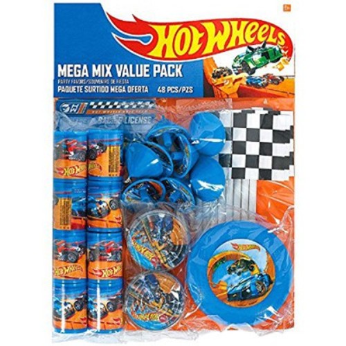 Hot Wheels Wild Racer Mega Mix Pack with 48 pieces including Tops, Puzzles, Viewers, Licenses, Flags, and Discs for imaginative play.