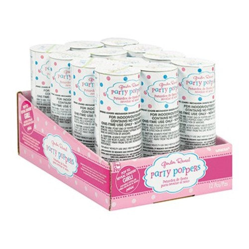 Vibrant pink confetti poppers for girl gender reveal, pack of 12, spring-loaded 10cm for a joyful celebration.
