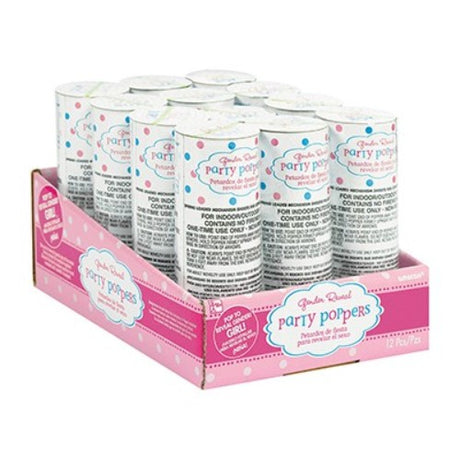 Vibrant pink confetti poppers for girl gender reveal, pack of 12, spring-loaded 10cm for a joyful celebration.