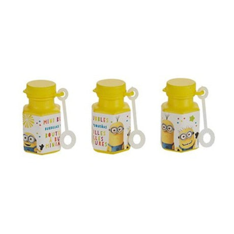 Colorful pack of 12 Minion-themed mini bubble containers, each with 18ml of bubble solution for fun and playtime.