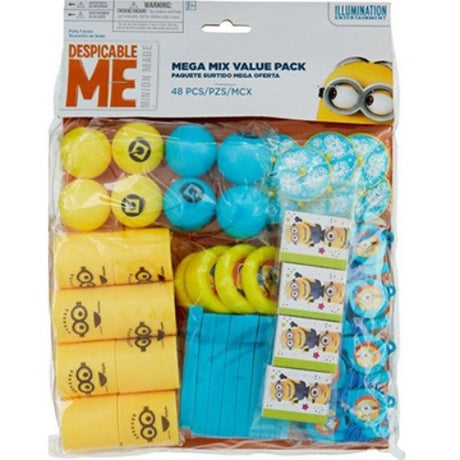 Colorful collection of 48 Despicable Me Minion toys, including springs, tops, and mini books for endless fun and creativity.