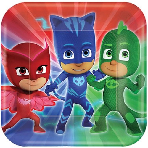 Colorful PJ Masks square dinner plates featuring Catboy, Owlette, and Gekko, perfect for kids' parties and easy cleanup.