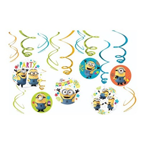 Colorful Despicable Me Minion hanging swirls decorations, pack of 12, perfect for themed parties and celebrations.