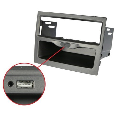 Facia adapter for Vy-Vz Commodore in grey, features USB port, fits single DIN, crafted from durable ABS plastic.