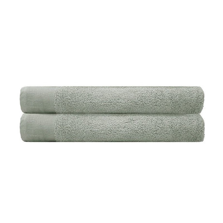 Luxurious sage bath sheets 2 pack with ribbed border, made of soft absorbent cotton for ultimate comfort and style.