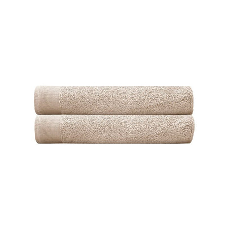 Elvire Bath Towel 2 Pack in Buff, featuring soft, absorbent cotton with a modern ribbed border, perfect for daily use and spa days.