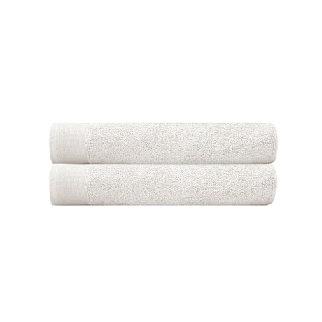 Ivory Elvire Bath Towel 2 Pack, featuring soft cotton, 600gsm absorbency, and stylish ribbed border for luxury and comfort.