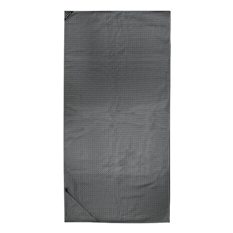 Large charcoal microfibre gym towel with waffle pattern, quick-drying, lightweight, and includes zip pocket for essentials.