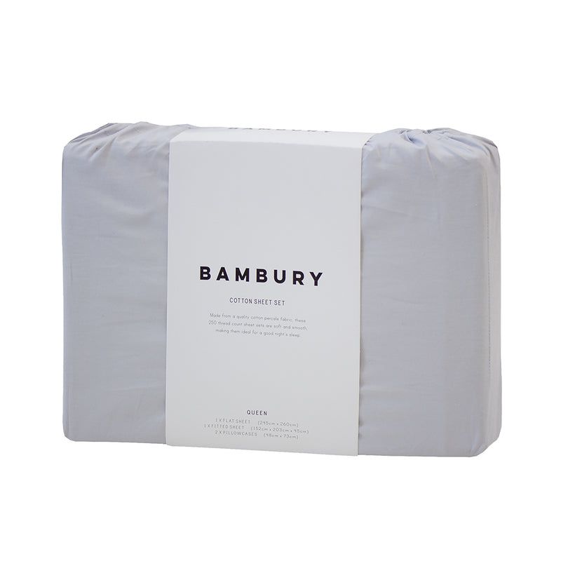 Queen Sheet Set in silver, 100% cotton with a breathable percale weave, fits deep mattresses for ultimate comfort.