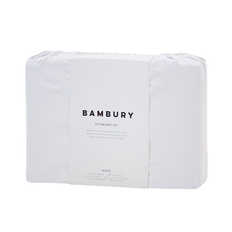 Queen Sheet Set in white, 250TC cotton, featuring fitted and flat sheets with breathable comfort for a serene bedroom.