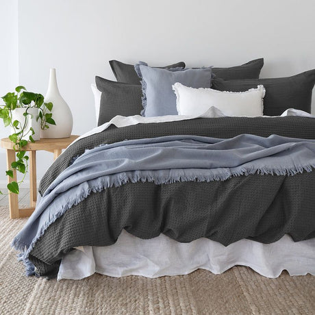 Luxurious dark grey Queen Duvet Cover set made of soft cotton waffle fabric, includes quilt cover and standard pillowcases.