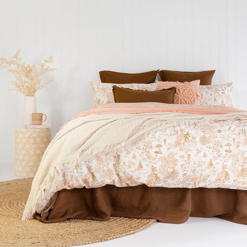 King Duvet Cover - Paradise Quilt Set featuring a tropical design in soft peach and terracotta, crafted from enzyme-washed cotton.