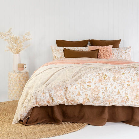 Queen Duvet Cover in vibrant peach and terracotta, featuring a reversible tropical paradise design on soft cotton.